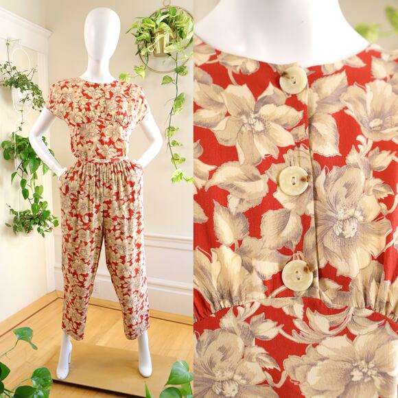 Vintage 1980s Pants Suit 80s CAROLE LITTLE Floral Art Deco Orange Blouse Top Set